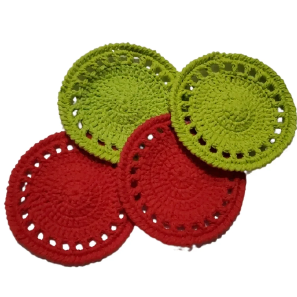 Ecofriendly Cotton Round Coaster Set of 4-Handmade Crocheted- Red and Lime Green